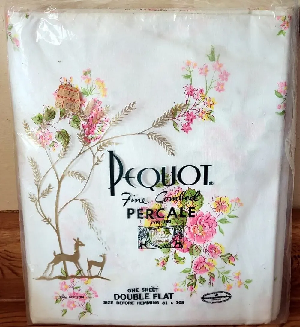 FLAW PEQUOT Double Flat Sheet 81x108 Fine Combed Percale Cotton Deer Floral VTG